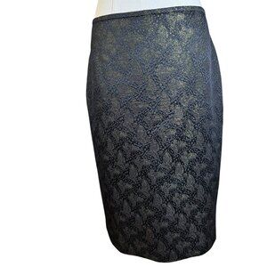 St. John Black Gold Metallic Jacquard Pencil Skirt SZ:8 Elegant sillk Lined